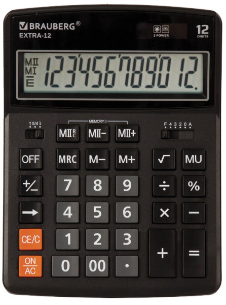 Калькулятор настольный BRAUBERG EXTRA-12-BK (206x155 мм), 12 разрядов, черный, 250481